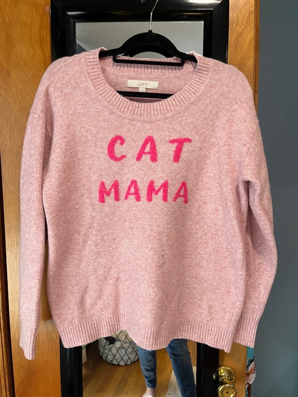 LOFT Light Pink Crewneck Sweater with Hot Pink CAT MAMA Text